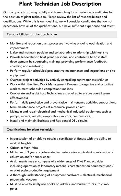 plant technician job description.
